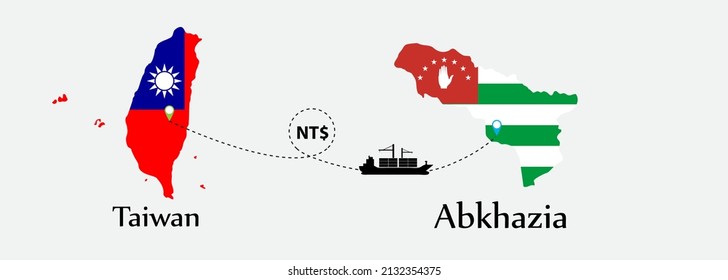 Business concept of both country. Ship transport from Taiwan go to Abkhazia. And flags symbol on maps. EPS.file.Cargo ship.