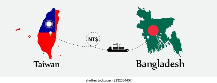 Business concept of both country. Ship transport from Taiwan go to Bangladesh. And flags symbol on maps. EPS.file.Cargo ship.
