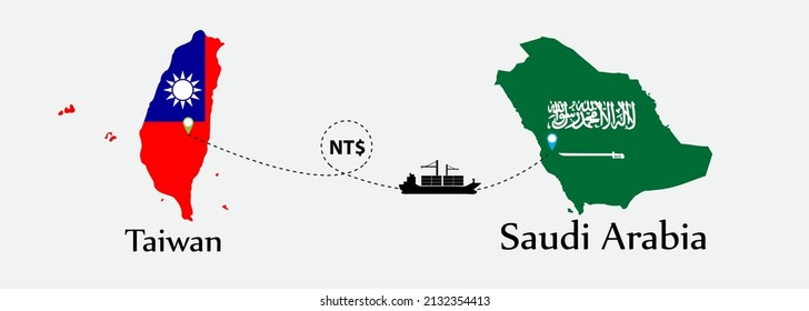 Business concept of both country. Ship transport from Taiwan go to Saudi Arabia. And flags symbol on maps. EPS.file.Cargo ship.