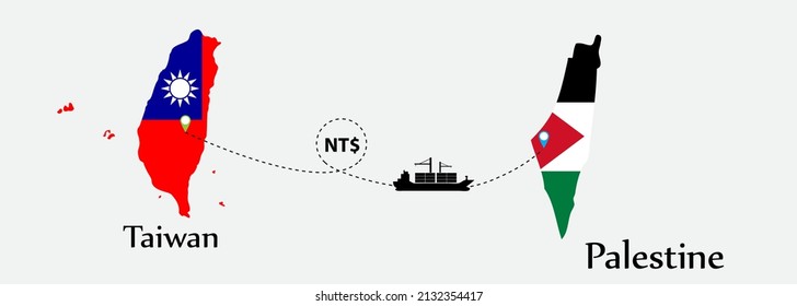 Business concept of both country. Ship transport from Taiwan go to Palestine. And flags symbol on maps. EPS.file.Cargo ship.