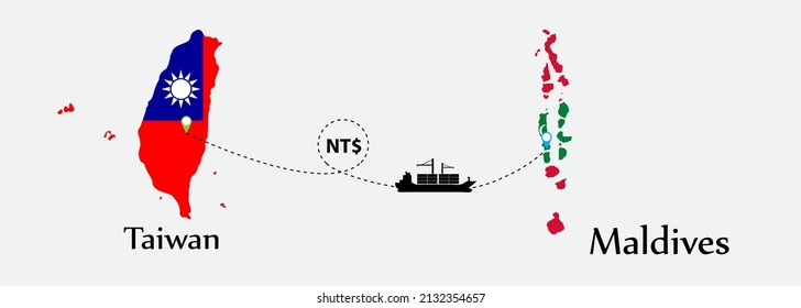 Business concept of both country. Ship transport from Taiwan go to Maldives. And flags symbol on maps. EPS.file.Cargo ship.