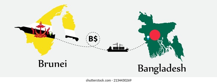 Business concept of both country. Ship transport from Brunei go to Bangladesh. And flags symbol on maps. EPS.file.Cargo ship.