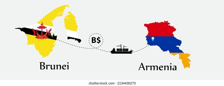 Business concept of both country. Ship transport from Brunei go to Armenia. And flags symbol on maps. EPS.file.Cargo ship.