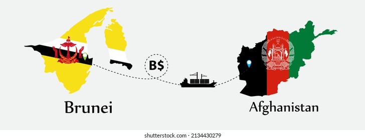 Business concept of both country. Ship transport from Brunei go to Afghanistan. And flags symbol on maps. EPS.file.Cargo ship.