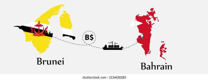 Business concept of both country. Ship transport from Brunei go to Bahrain. And flags symbol on maps. EPS.file.Cargo ship.