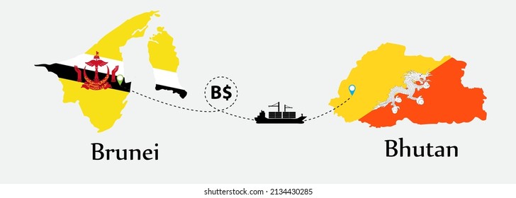 Business concept of both country. Ship transport from Brunei go to Bhutan. And flags symbol on maps. EPS.file.Cargo ship.