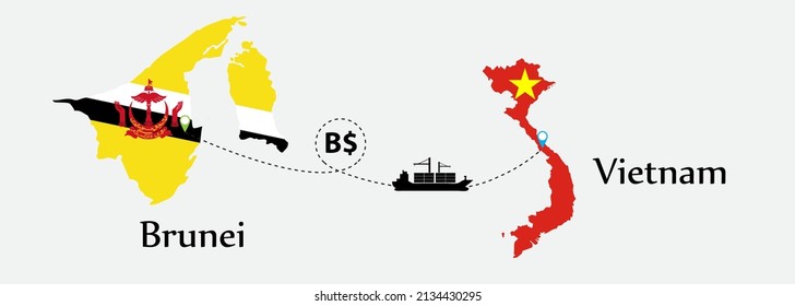 Business concept of both country. Ship transport from Brunei go to Vietnam. And flags symbol on maps. EPS.file.Cargo ship.