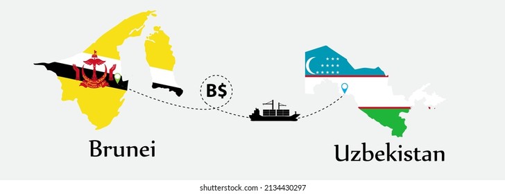 Business concept of both country. Ship transport from Brunei go to Uzbekistan. And flags symbol on maps. EPS.file.Cargo ship.