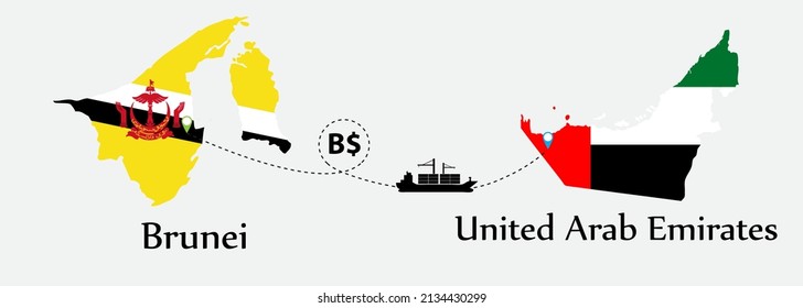 Business concept of both country. Ship transport from Brunei go to United Arab Emirates. And flags symbol on maps. EPS.file.Cargo ship.