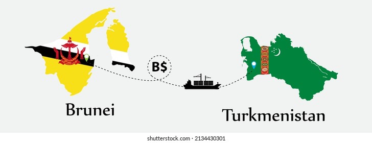 Business concept of both country. Ship transport from Brunei go to Turkmenistan. And flags symbol on maps. EPS.file.Cargo ship.