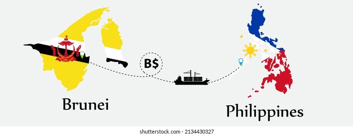 Business concept of both country. Ship transport from Brunei go to Philippines. And flags symbol on maps. EPS.file.Cargo ship.
