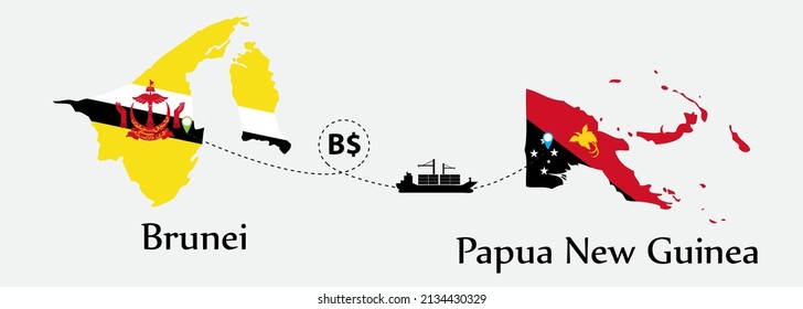 Business concept of both country. Ship transport from Brunei go to Papua New Guinea. And flags symbol on maps. EPS.file.Cargo ship.