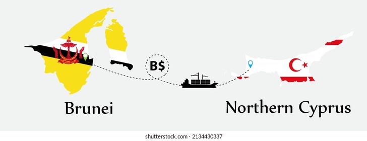 Business concept of both country. Ship transport from Brunei go to Northern Cyprus. And flags symbol on maps. EPS.file.Cargo ship.