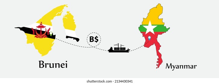Business concept of both country. Ship transport from Brunei go to Myanmar. And flags symbol on maps. EPS.file.Cargo ship.