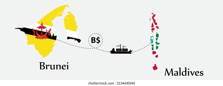 Business concept of both country. Ship transport from Brunei go to Maldives. And flags symbol on maps. EPS.file.Cargo ship.