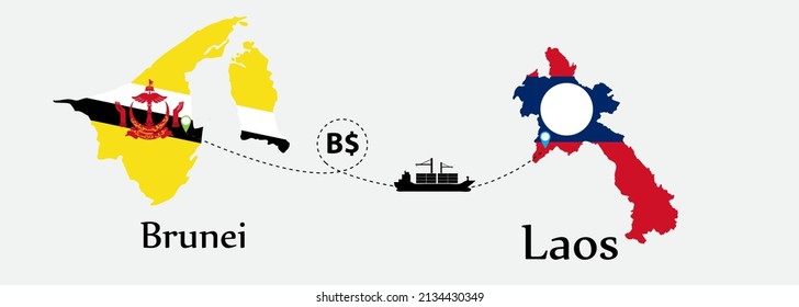 Business concept of both country. Ship transport from Brunei go to Laos. And flags symbol on maps. EPS.file.Cargo ship.