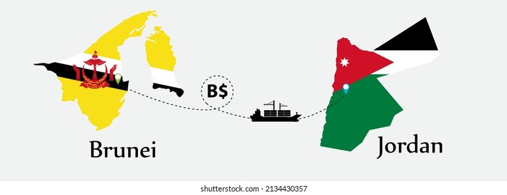 Business concept of both country. Ship transport from Brunei go to Jordan. And flags symbol on maps. EPS.file.Cargo ship.
