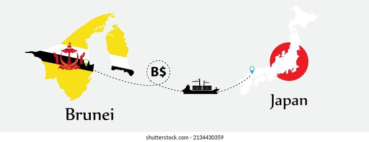 Business concept of both country. Ship transport from Brunei go to Japan. And flags symbol on maps. EPS.file.Cargo ship.