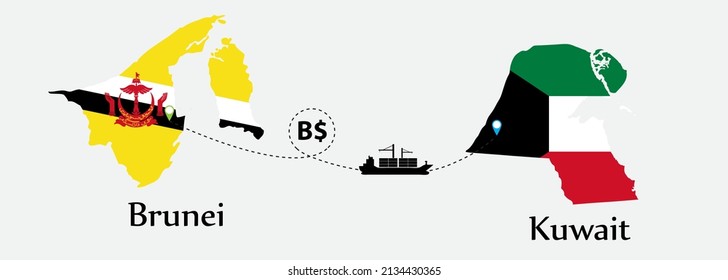 Business concept of both country. Ship transport from Brunei go to Kuwait. And flags symbol on maps. EPS.file.Cargo ship.