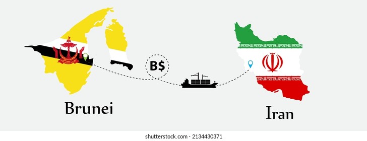 Business concept of both country. Ship transport from Brunei go to Iran. And flags symbol on maps. EPS.file.Cargo ship.