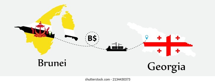 Business concept of both country. Ship transport from Brunei go to Georgia. And flags symbol on maps. EPS.file.Cargo ship.