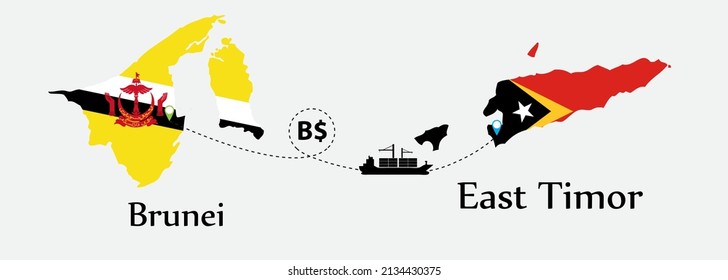 Business concept of both country. Ship transport from Brunei go to East Timor. And flags symbol on maps. EPS.file.Cargo ship.