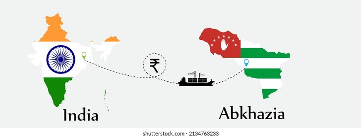 Business concept of both country. Ship transport from India go to Abkhazia. And flags symbol on maps. EPS.file.Cargo ship.