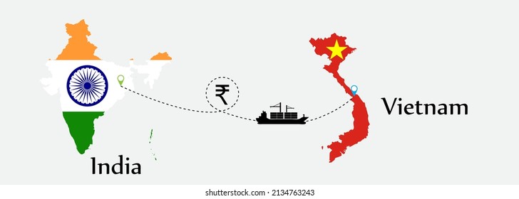 Business concept of both country. Ship transport from India go to Vietnam. And flags symbol on maps. EPS.file.Cargo ship.