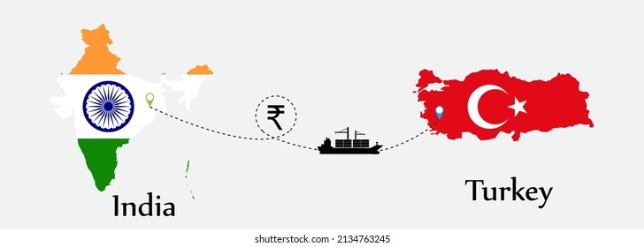 Business concept of both country. Ship transport from India go to Turkey. And flags symbol on maps. EPS.file.Cargo ship.