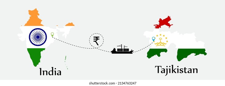 Business concept of both country. Ship transport from India go to Tajikistan. And flags symbol on maps. EPS.file.Cargo ship.