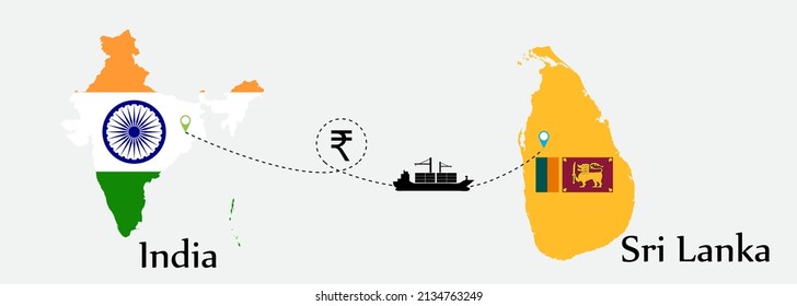 Business concept of both country. Ship transport from India go to Sri Lanka. And flags symbol on maps. EPS.file.Cargo ship.