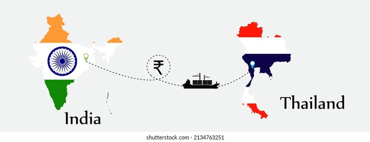 Business concept of both country. Ship transport from India go to Thailand. And flags symbol on maps. EPS.file.Cargo ship.