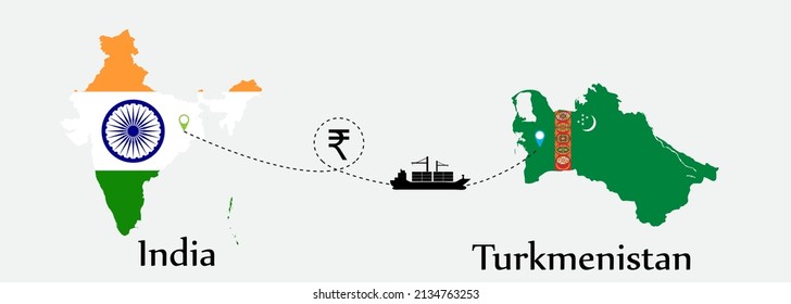 Business concept of both country. Ship transport from India go to Turkmenistan. And flags symbol on maps. EPS.file.Cargo ship.