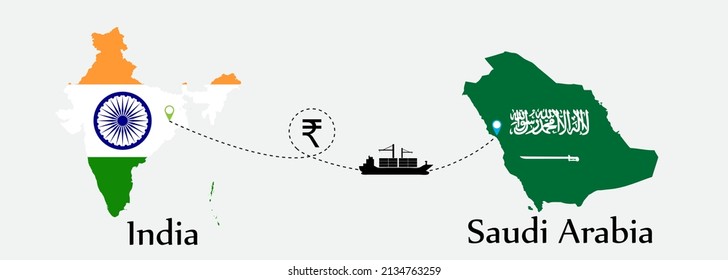 Business concept of both country. Ship transport from India go to Saudi Arabia. And flags symbol on maps. EPS.file.Cargo ship.