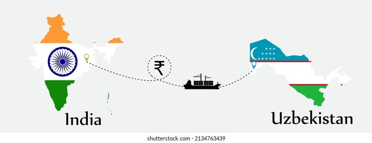 Business concept of both country. Ship transport from India go to Uzbekistan. And flags symbol on maps. EPS.file.Cargo ship.