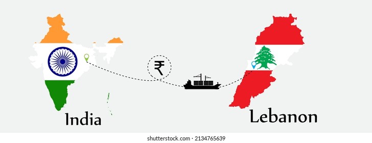 Business concept of both country. Ship transport from India go to Lebanon. And flags symbol on maps. EPS.file.Cargo ship.