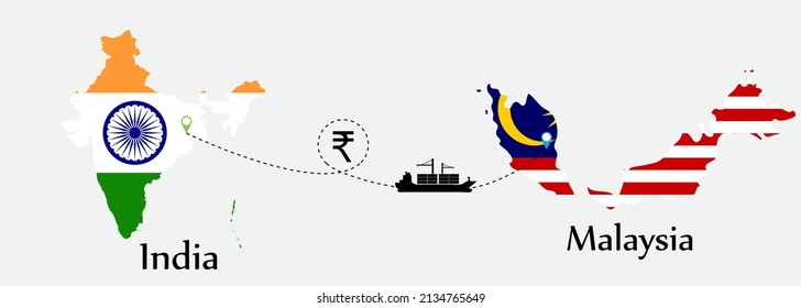 Business concept of both country. Ship transport from India go to Malaysia. And flags symbol on maps. EPS.file.Cargo ship.