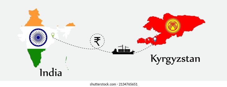 Business concept of both country. Ship transport from India go to Kyrgyzstan. And flags symbol on maps. EPS.file.Cargo ship.