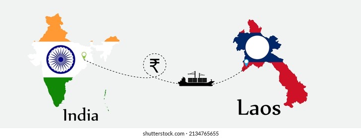 Business concept of both country. Ship transport from India go to Laos. And flags symbol on maps. EPS.file.Cargo ship.