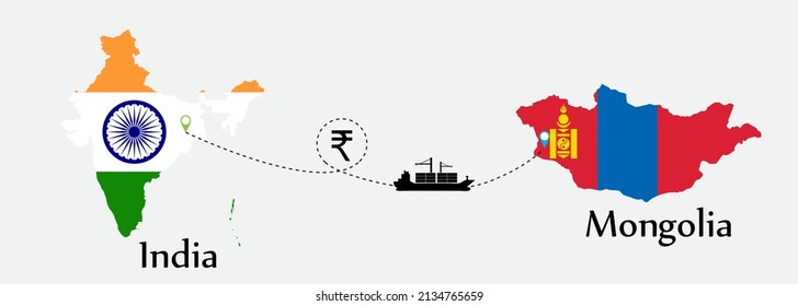 Business concept of both country. Ship transport from India go to Mongolia. And flags symbol on maps. EPS.file.Cargo ship.