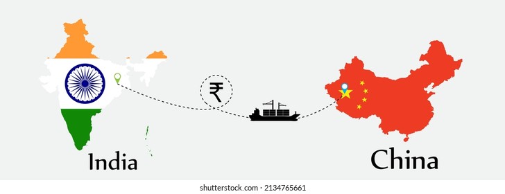 Business concept of both country. Ship transport from India go to China. And flags symbol on maps. EPS.file.Cargo ship.