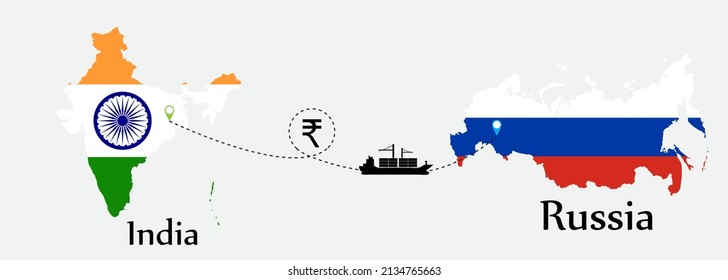 Business concept of both country. Ship transport from India go to Russia. And flags symbol on maps. EPS.file.Cargo ship.