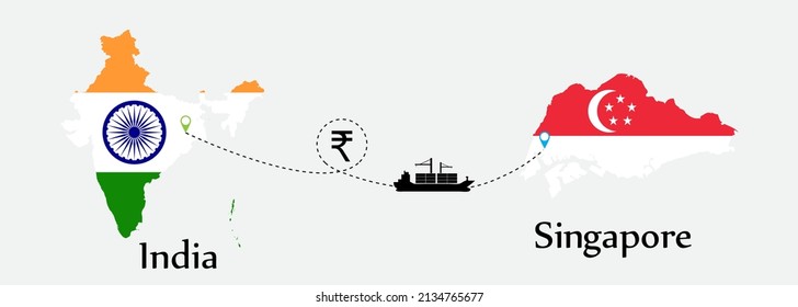 Business concept of both country. Ship transport from India go to Singapore. And flags symbol on maps. EPS.file.Cargo ship.