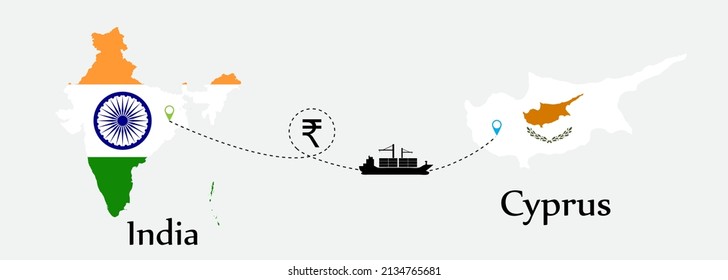 Business concept of both country. Ship transport from India go to Cyprus. And flags symbol on maps. EPS.file.Cargo ship.
