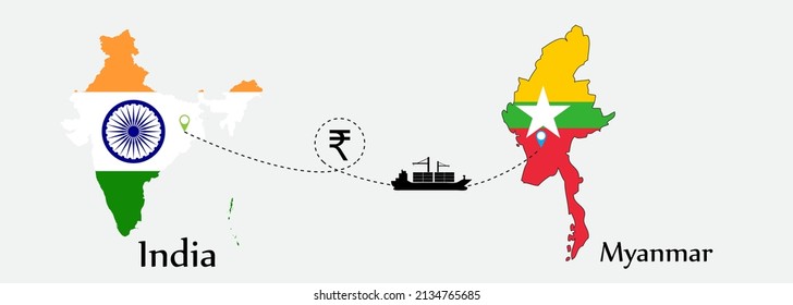 Business concept of both country. Ship transport from India go to Myanmar. And flags symbol on maps. EPS.file.Cargo ship.
