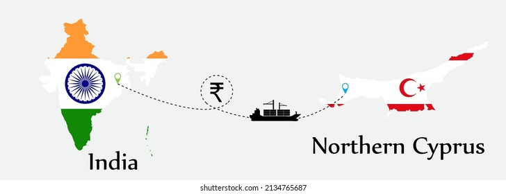Business concept of both country. Ship transport from India go to Northern Cyprus. And flags symbol on maps. EPS.file.Cargo ship.