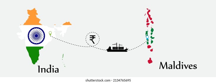 Business concept of both country. Ship transport from India go to Maldives. And flags symbol on maps. EPS.file.Cargo ship.
