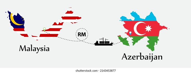 Business concept of both country. Ship transport from Malaysia go to Azerbaijan. And flags symbol on maps. EPS.file.Cargo ship.