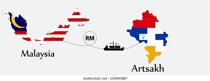 Business concept of both country. Ship transport from Malaysia go to Artsakh. And flags symbol on maps. EPS.file.Cargo ship.