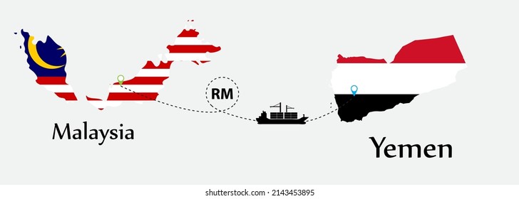 Business concept of both country. Ship transport from Malaysia go to Yemen. And flags symbol on maps. EPS.file.Cargo ship.